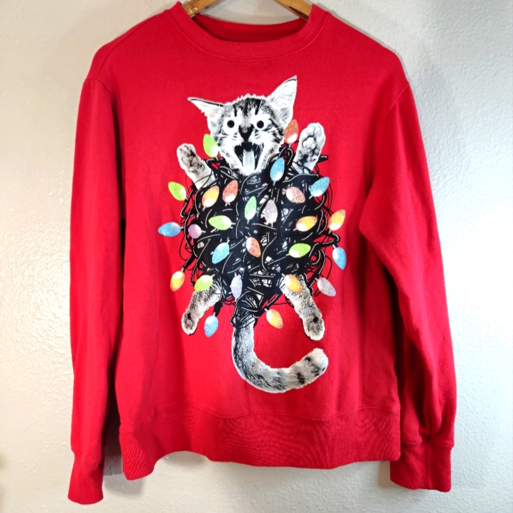 Mad Engine Red Cat Tangled Lights Ugly Christmas Pullover Sweater